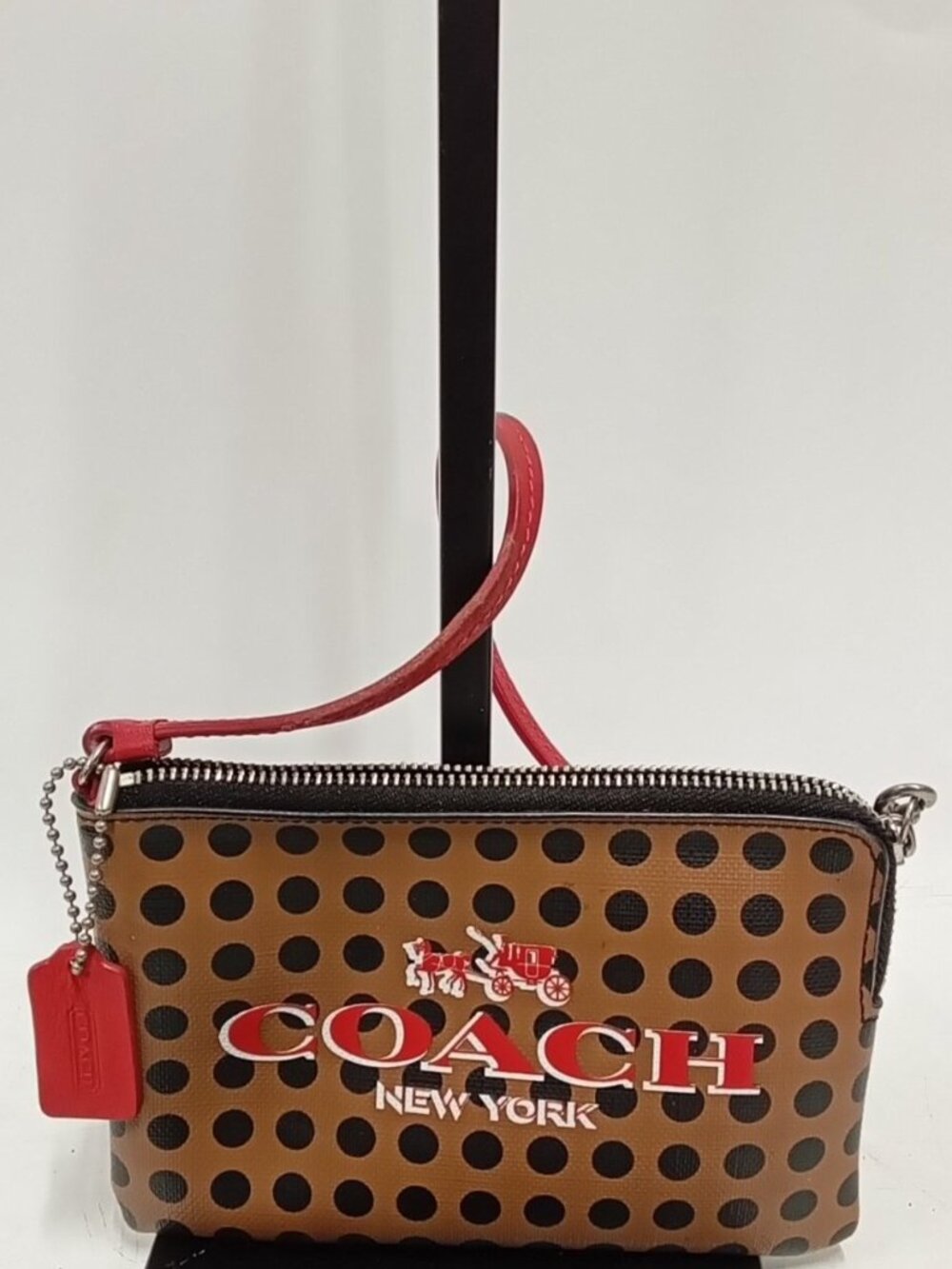 Coach Polka Dot Wristlet Pouch Brown Red Leather Strap